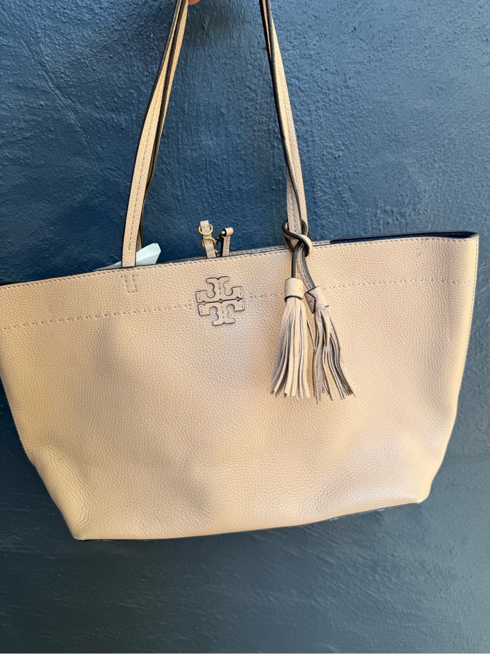 Tory Burch McGraw Pebbled Leather Tote with Tassel- neutral